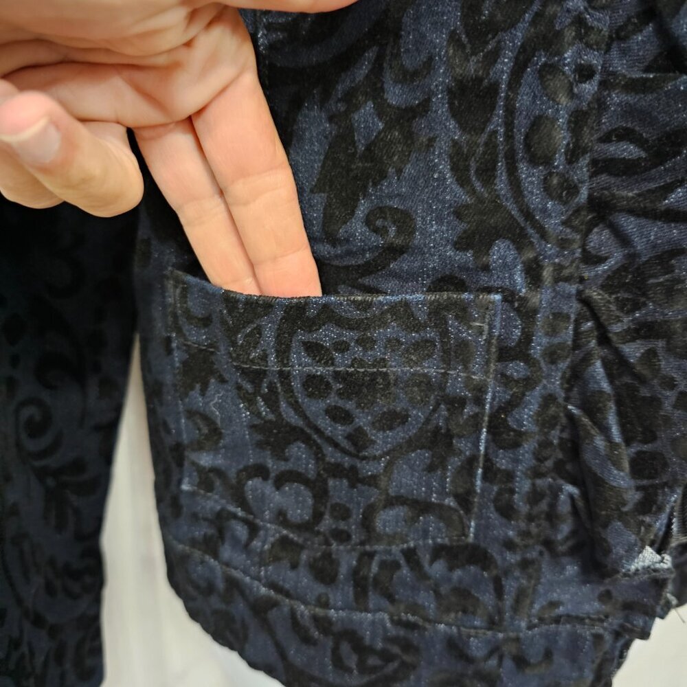Tantrums Blue Black Velour Flocked Denim Jacket Zip Ruffle Boho M - Picture 7 of 14